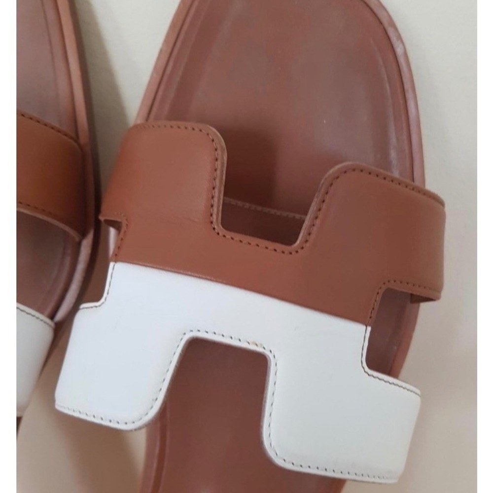 H‎ STRAP SANDALS Flats Shoe Slip On Slide Womens Brown White Open Toe 10 Beach